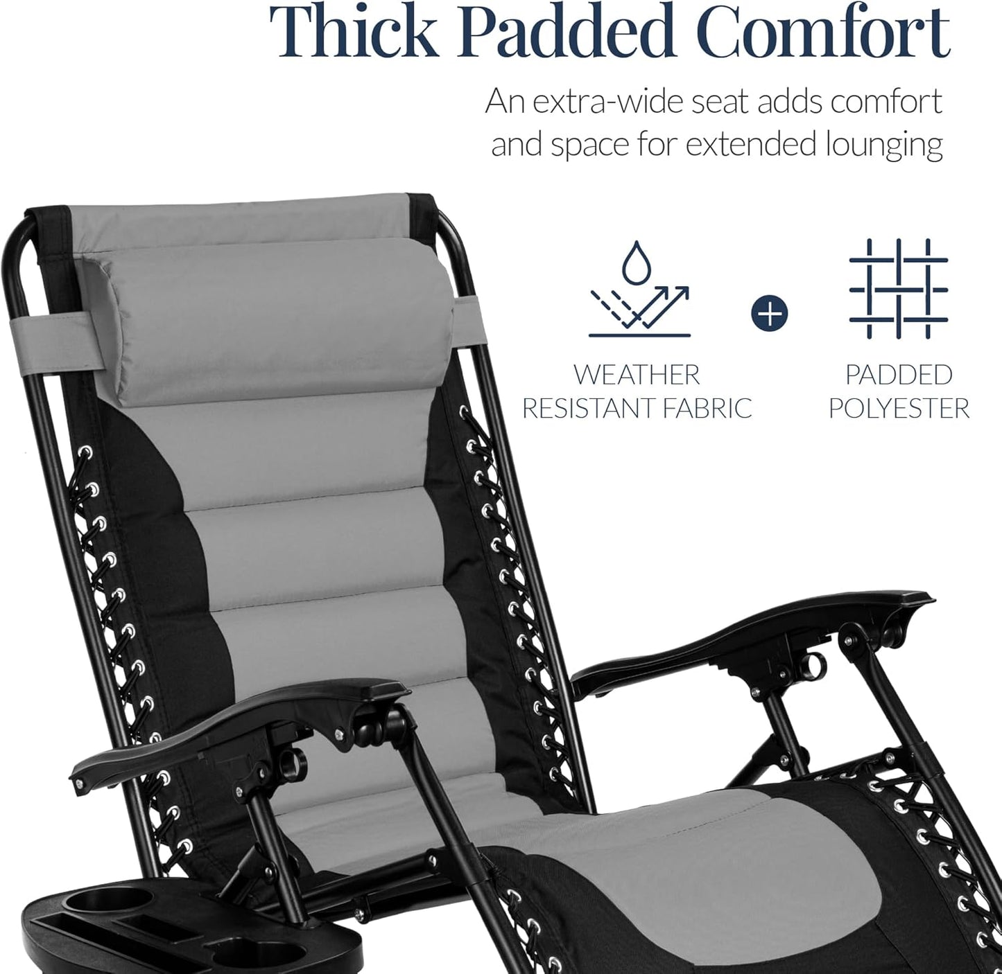Best Choice Products Oversized Padded Zero Gravity Chair - XL Outdoor Recliner with Headrest, Cup Holder & Side Tray - Gray