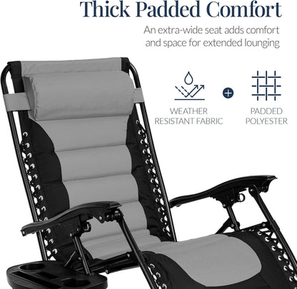 Best Choice Products Oversized Padded Zero Gravity Chair - XL Outdoor Recliner with Headrest, Cup Holder & Side Tray - Gray