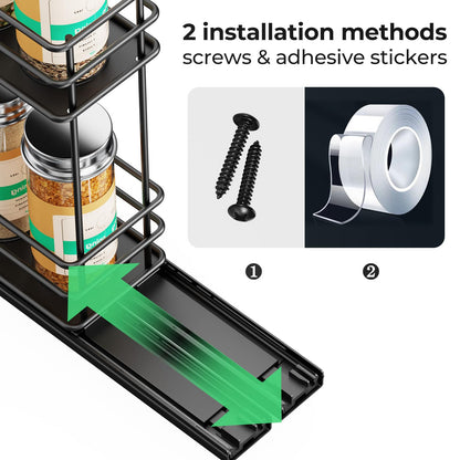 Pull Out Spice Rack Organizer for Cabinet, Slide Out Spice Racks, Easy to Install, 2.1''Wx10.35''Dx8.26''H, 3 Drawers 2 Tiers(Black)