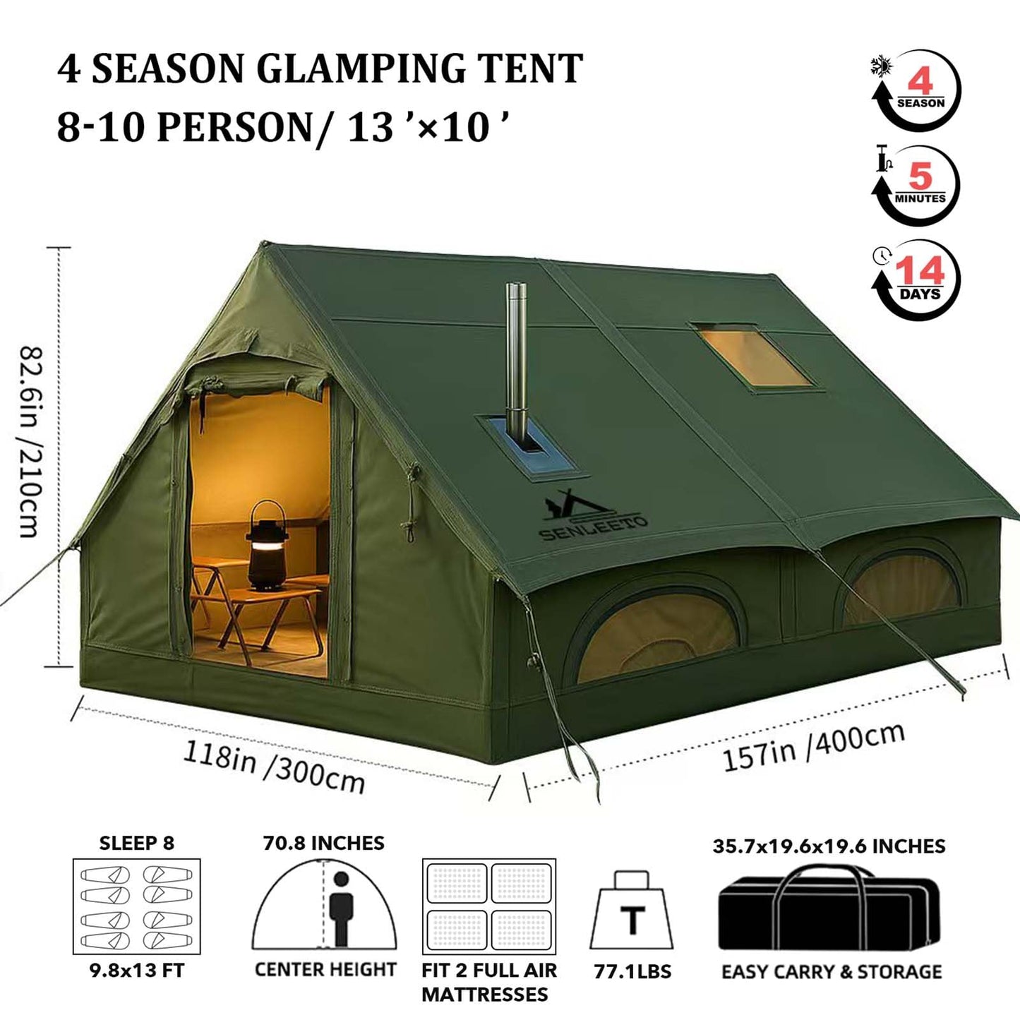 13' x 10' Large Inflatable Tent for Camping 8-10 Person, 4 Season Blow Up Tents with Waterproof Canopy & Moisture-Proof pad, Glamping Inflatable Hot Tent with Stove Jack and AC Vent for Outdoors