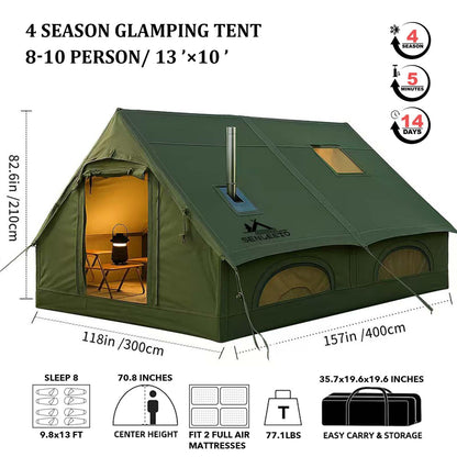 13' x 10' Large Inflatable Tent for Camping 8-10 Person, 4 Season Blow Up Tents with Waterproof Canopy & Moisture-Proof pad, Glamping Inflatable Hot Tent with Stove Jack and AC Vent for Outdoors