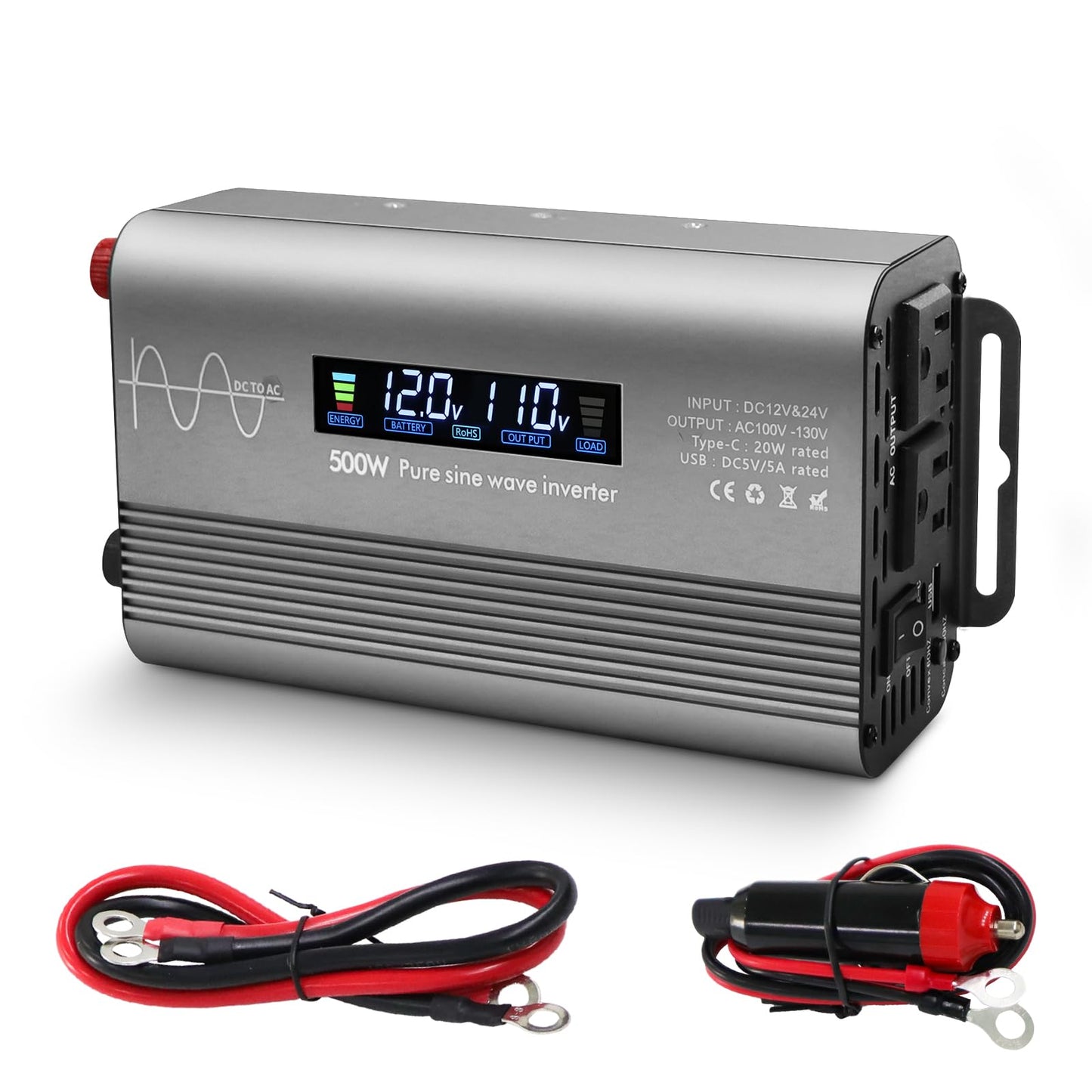 LYZGDBU 500W Pure Sine Wave Power Inverter with Digital Display,Dual AC Outlets & Fast Charging USB/Type-C,12V/24V to 110V AC Converter with Overload Protection for Car RV Truck Home Camping