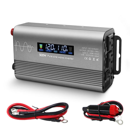 LYZGDBU 500W Pure Sine Wave Power Inverter with Digital Display,Dual AC Outlets & Fast Charging USB/Type-C,12V/24V to 110V AC Converter with Overload Protection for Car RV Truck Home Camping