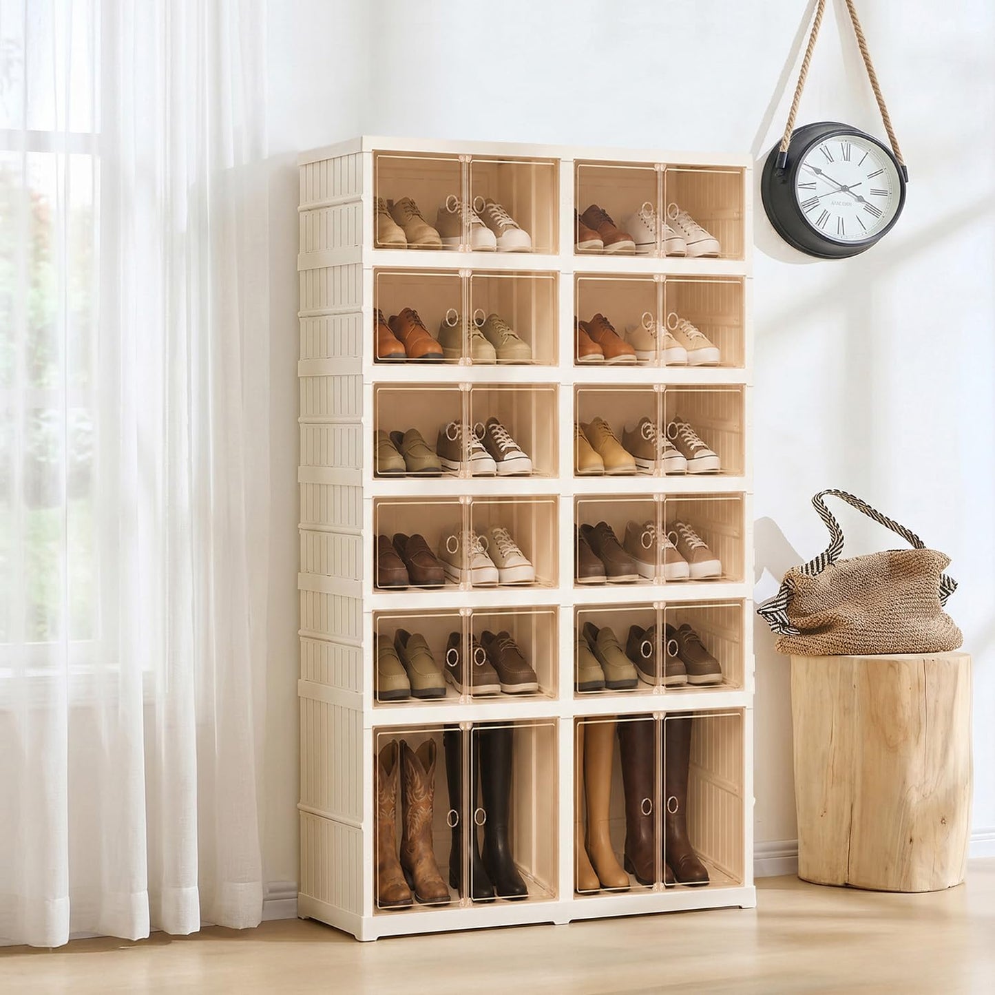 Tykacna Collapsible Shoe Rack Organizer, Extra Large Shoe Boxes with Doors, Stackable Plastic Storage Cases for Closet and Entryway, Clear Folding Shoe Cabinet with Wheels (6Tiers, 24Pairs)