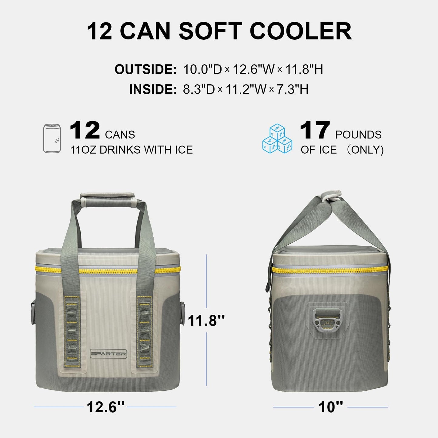 SPARTER Portable Soft Cooler 12 Cans, IP68 Tizip Leak-Proof Zipper for Camping, Fishing, Beach, Outdoors Insulated Ice Chest with Reusable Ice Pack- Grey