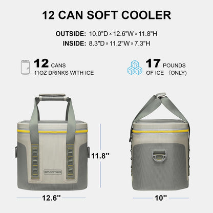 SPARTER Portable Soft Cooler 12 Cans, IP68 Tizip Leak-Proof Zipper for Camping, Fishing, Beach, Outdoors Insulated Ice Chest with Reusable Ice Pack- Grey