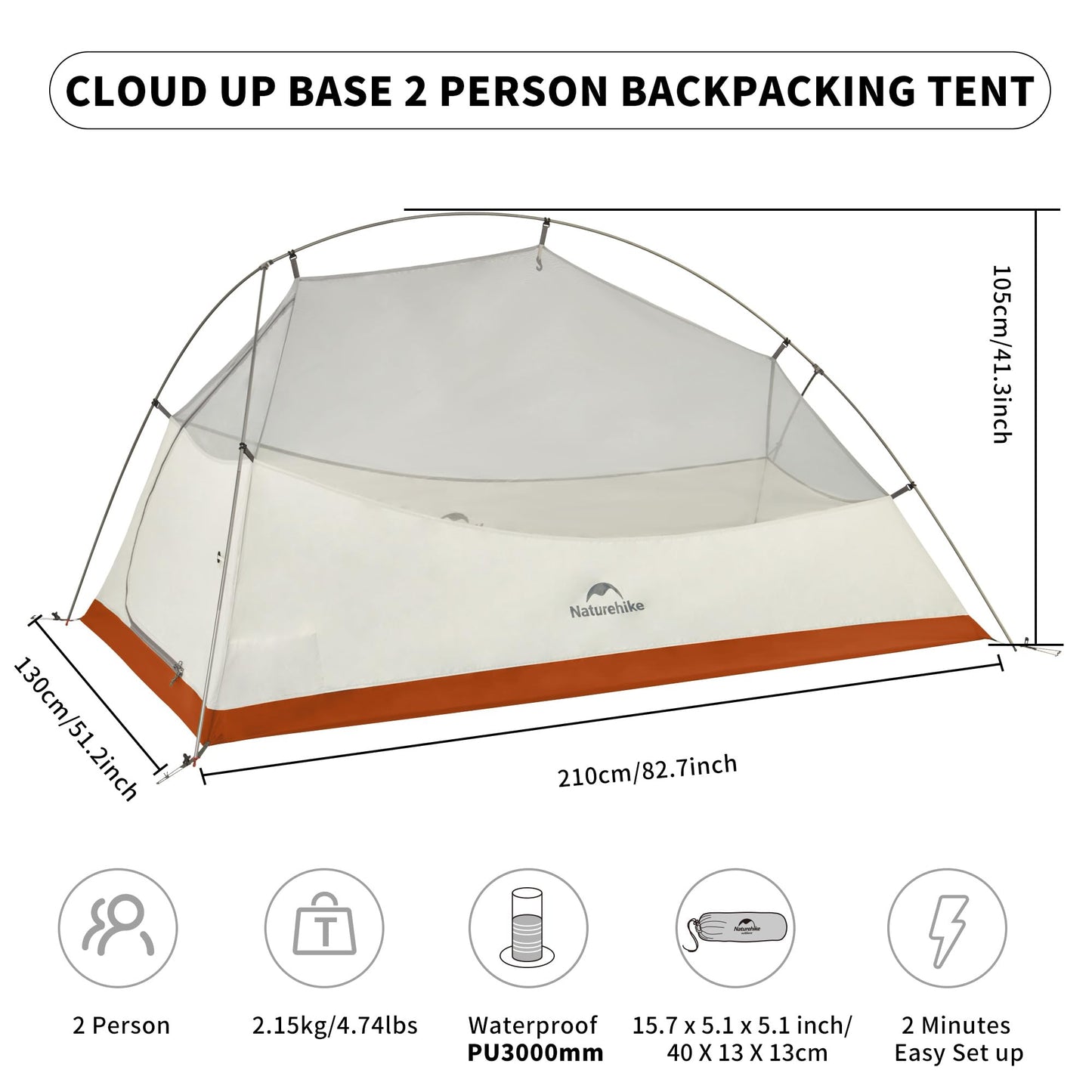 Naturehike Cloud up Base Backpacking Tent, Waterproof Lightweight 2 Person Tent for Camping, Double Layer Two Person Tent with Footprint