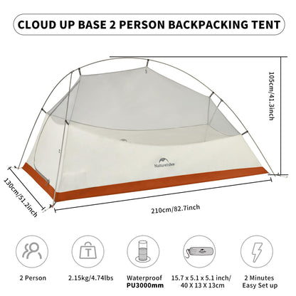 Naturehike Cloud up Base Backpacking Tent, Waterproof Lightweight 2 Person Tent for Camping, Double Layer Two Person Tent with Footprint
