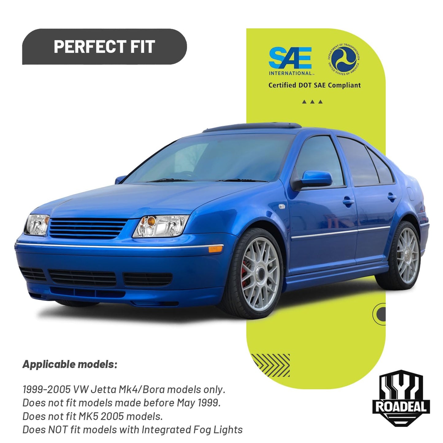 ROADEAL Headlights W/Bulbs for 1999-2005 VW Jetta Mk4 Models Halogen Headlamp Replacement Driver & Passenger Side, NOT fit Model with Integrated Fog Light