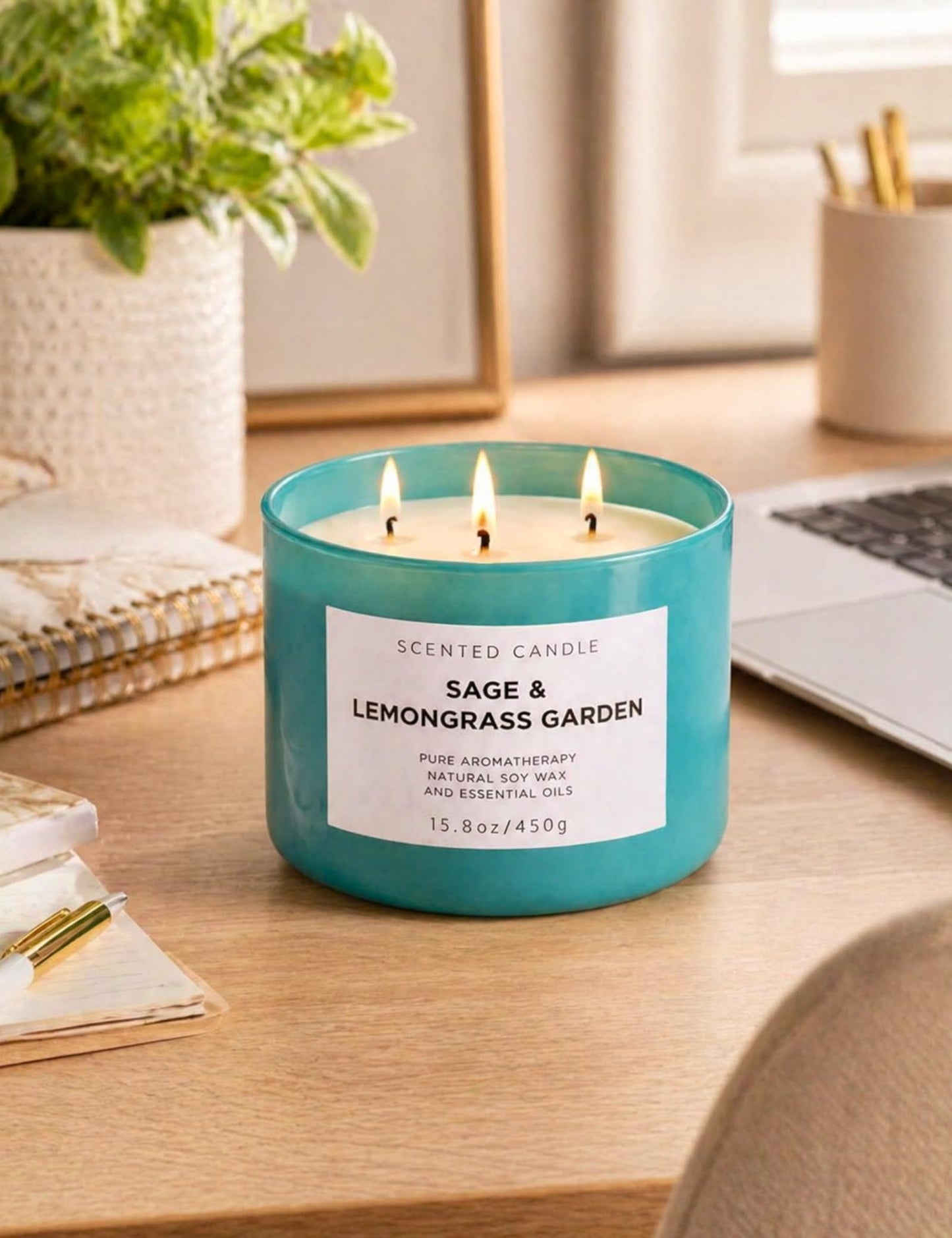 Sage Lemongrass Garden Scented Candle | 3 Wick Large Soy Candles for Home 15.8oz | Fresh Clean Herbal Citrus Candle | Long Lasting Clean Burn | Aromatherapy Stress Relief Gift for Women & Men
