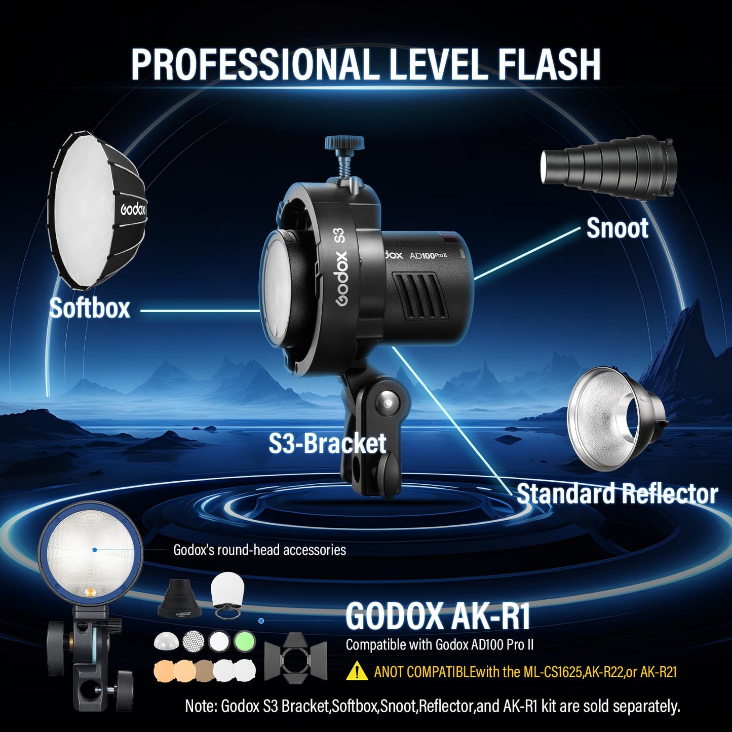 Godox AD100 PRO II AD100Pro II AD100ProII Pocket Flash 2026 Godox 100w Strobe Light 2W LED, 490 Full Power Pops, 0.01–1.5s Recycle, TTL/HSS 1/8000s 2850mAh Battery