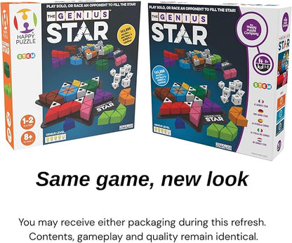 The Happy Puzzle Company The Genius Star | Toy of The Year Award Winning Family Board Game | 165888 Possible Puzzles | Filling in Colored Shapes | Blockers to Complete A Star | Golden Star Twist