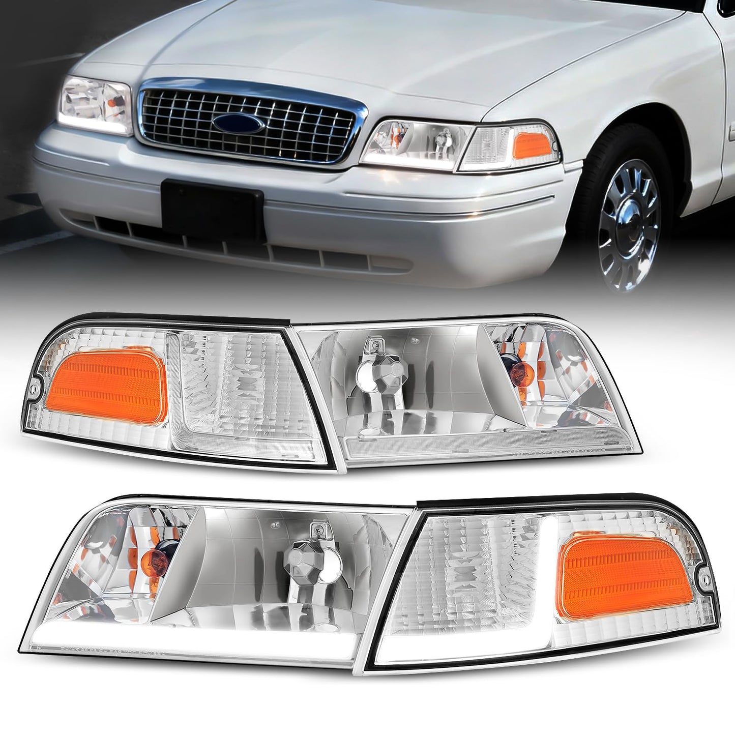 XGWZ Headlight Assembly LED DRL Compatible with 1998-2011 Ford Crown Victoria 98-11 Ford Crown Victoria w/Corner Headlamp (Chrome Housing Reflector, C)