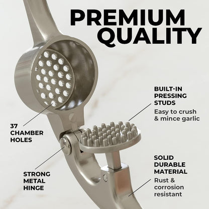 Zulay Kitchen Garlic Press Set - Rust-Proof Professional Mincer with Ergonomic Handle & Silicone Peeler | Easy-Squeeze, Easy-Clean (Silver)