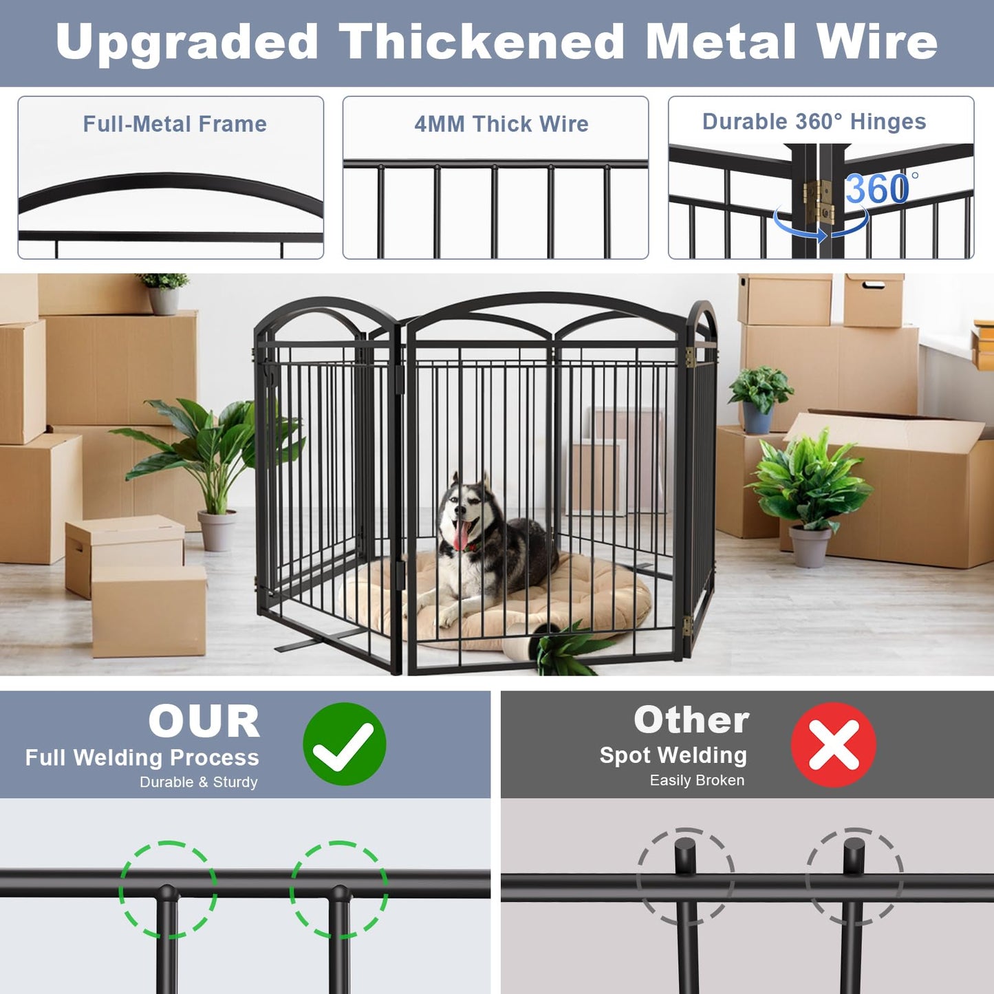 Full Metal Free Standing Dog Gate with Door for Indoor Barriers,144'' Extra Wide 32'' Tall Dog Gate for Doorways,Large Openings,Decks,Freestanding Portable Pet Fence(6 Panels,Black)