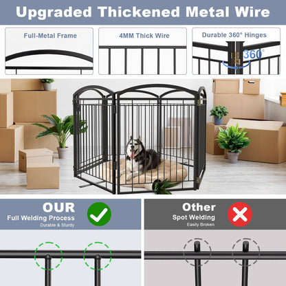 Full Metal Free Standing Dog Gate with Door for Indoor Barriers,144'' Extra Wide 32'' Tall Dog Gate for Doorways,Large Openings,Decks,Freestanding Portable Pet Fence(6 Panels,Black)