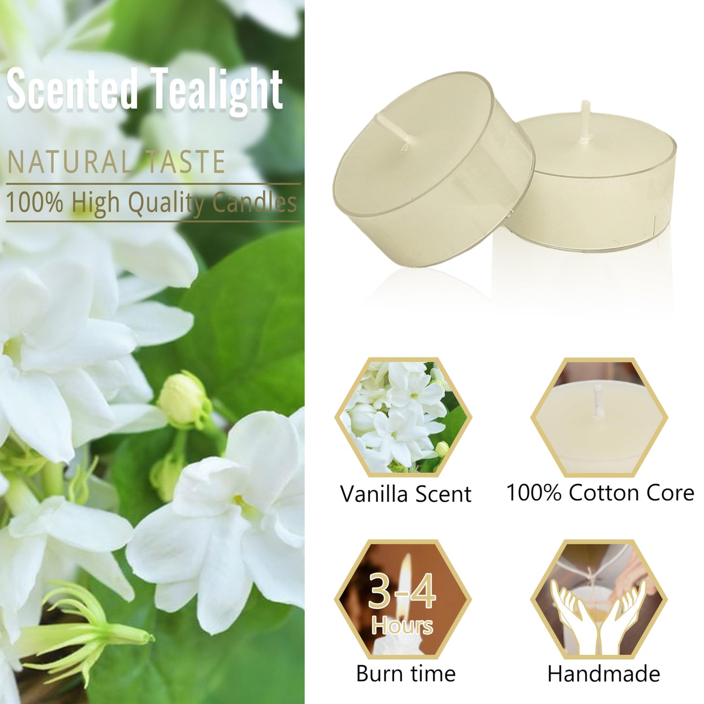 Ivory Tea Lights Candle Set of 24, Jasmine Scented Tealight Candles, Handmade Tea Candles, Long Burning Tealights for Romantic Wedding Home Decor Gift