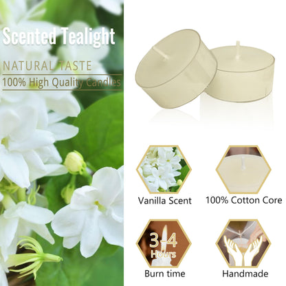 Ivory Tea Lights Candle Set of 24, Jasmine Scented Tealight Candles, Handmade Tea Candles, Long Burning Tealights for Romantic Wedding Home Decor Gift