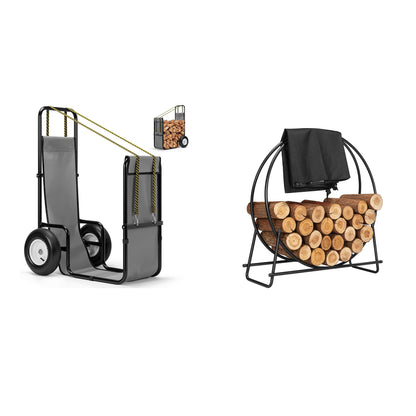 VIVOHOME Firewood Cart with Rubber Wheels and 600D Oxford Cloth, X-Large 300 LB Log Carrier, with VIVOHOME 41 Inches Firewood Log Rack Hoop with Cover, Fire Wood Storage Rack and Cover Set with Zipper