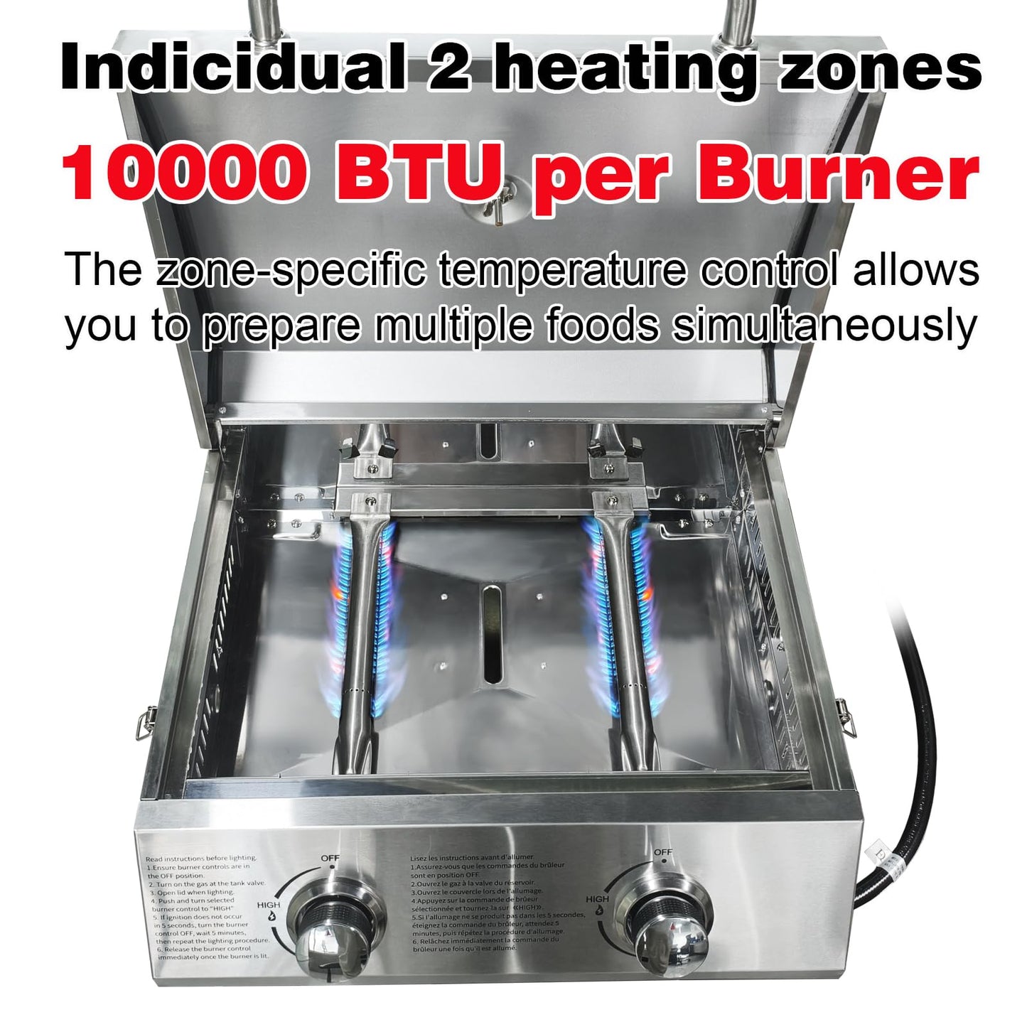 BBQCuker Small Tabletop Gas Grill 2-Burner, Portable Propane Gas Grill with Foldable Legs for Outdoor Camping Cooking Two 10,000 BTU Burners Stainless Steel,Built-in Thermometer