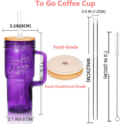 ANOTION Glass Cups with Handle, 24oz Glass Cups with Lids and Straws Travel Coffee Mug Bamboo Mason Jar Iced Cup Smoothie Tea Clear Cute Water Drinking Jars Glasses, Purple