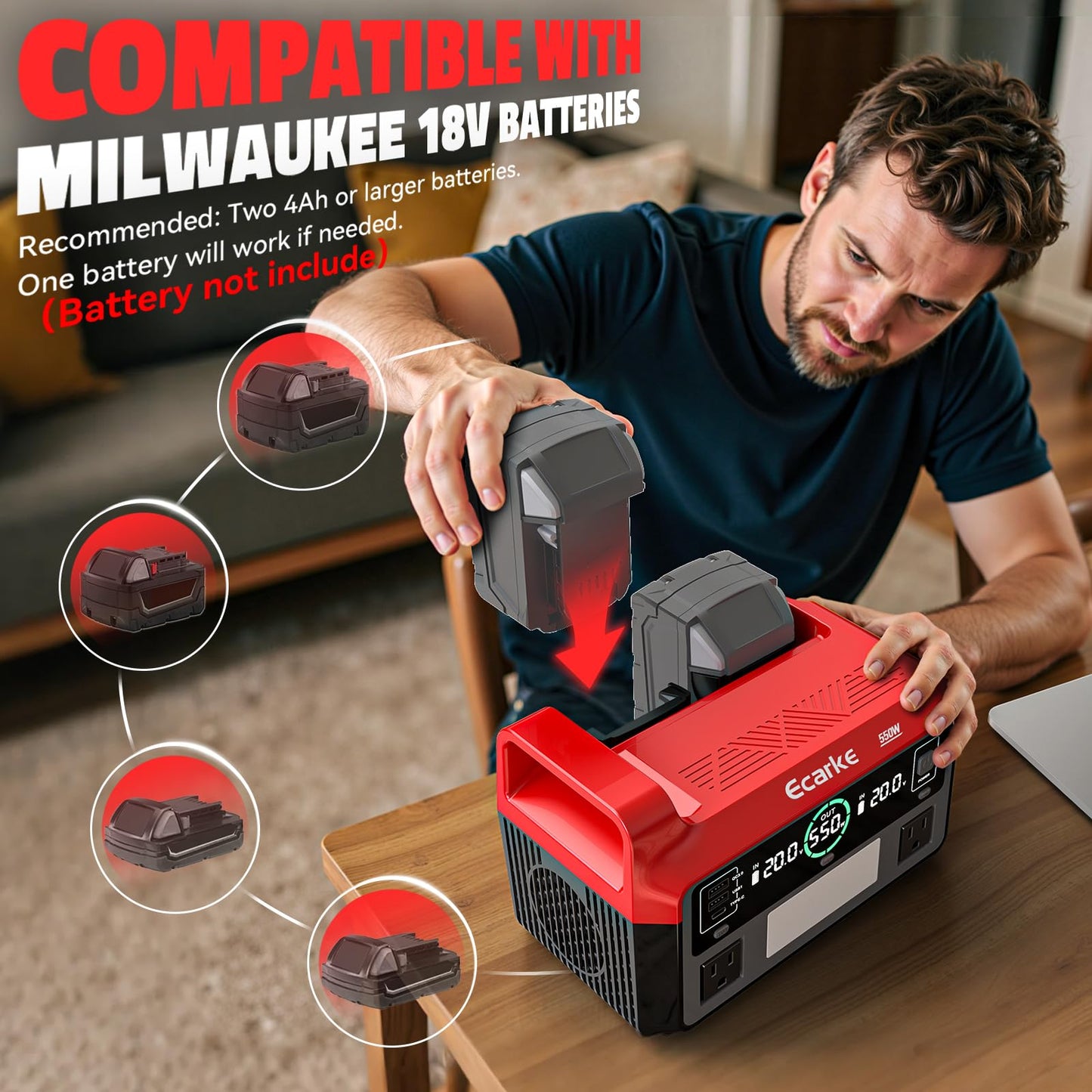 Ecarke 550W Portable Power Inverter Compatible with Milwaukee 18V Battery, DC 18V to AC 110V Pure Sine Wave Power Station 2 AC Outlets, 2 USB-A&1 USB-C 20W, 600LM LED Outdoor Emergency Use (Tool Only)