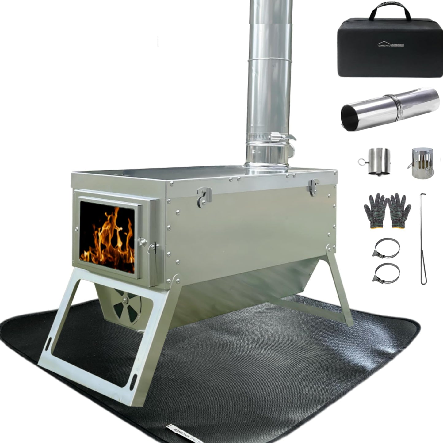 DANCHEL OUTDOOR S7C Wood Stove for Hot Tent, Portable Folding Camping Stove with Insulated Pad & Spark Arrestor, 304 Stainless Steel Collapsible Body for Winter Survival Cooking