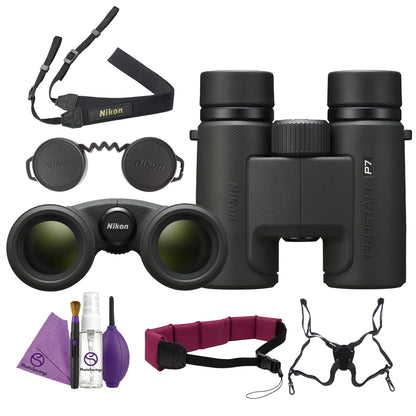 Nikon PROSTAFF P7 10x30 Binoculars 10x Magnification Compact Outdoor Binoculars Bundle with ProStaff Suspender Harness Binocular Strap + Cleaning kit + Floating Strap