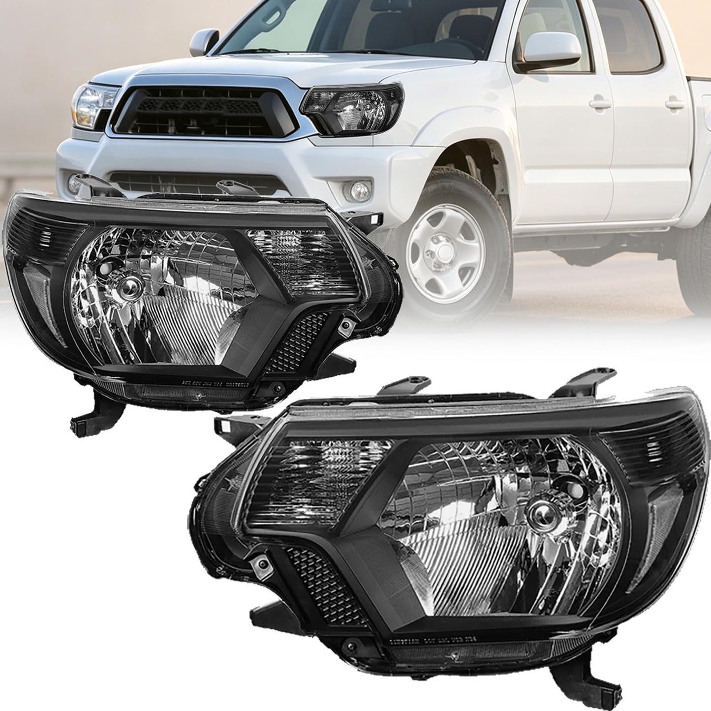 ATOMTEC Chrome Headlights Assembly Fit For 2012 2013 2014 2015 Toyota Tacoma Black Housing Clear Reflector Halogen headlamp Replacement Driver Passenger Side TO2503182 TO2502182