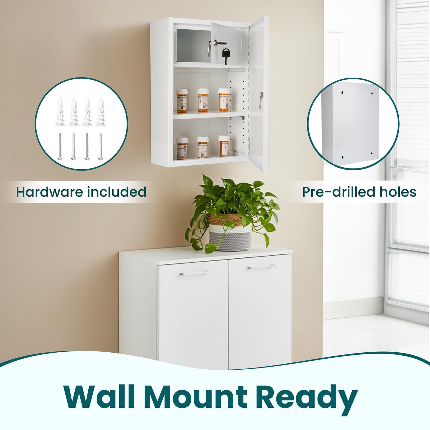 Wall Mounted Locking Medicine Cabinet - Metal Medicine Cabinet with Lock, Double Security Door for Safe Medicine Storage, Adjustable Shelf, White, 12" W x 18" H x 6" D
