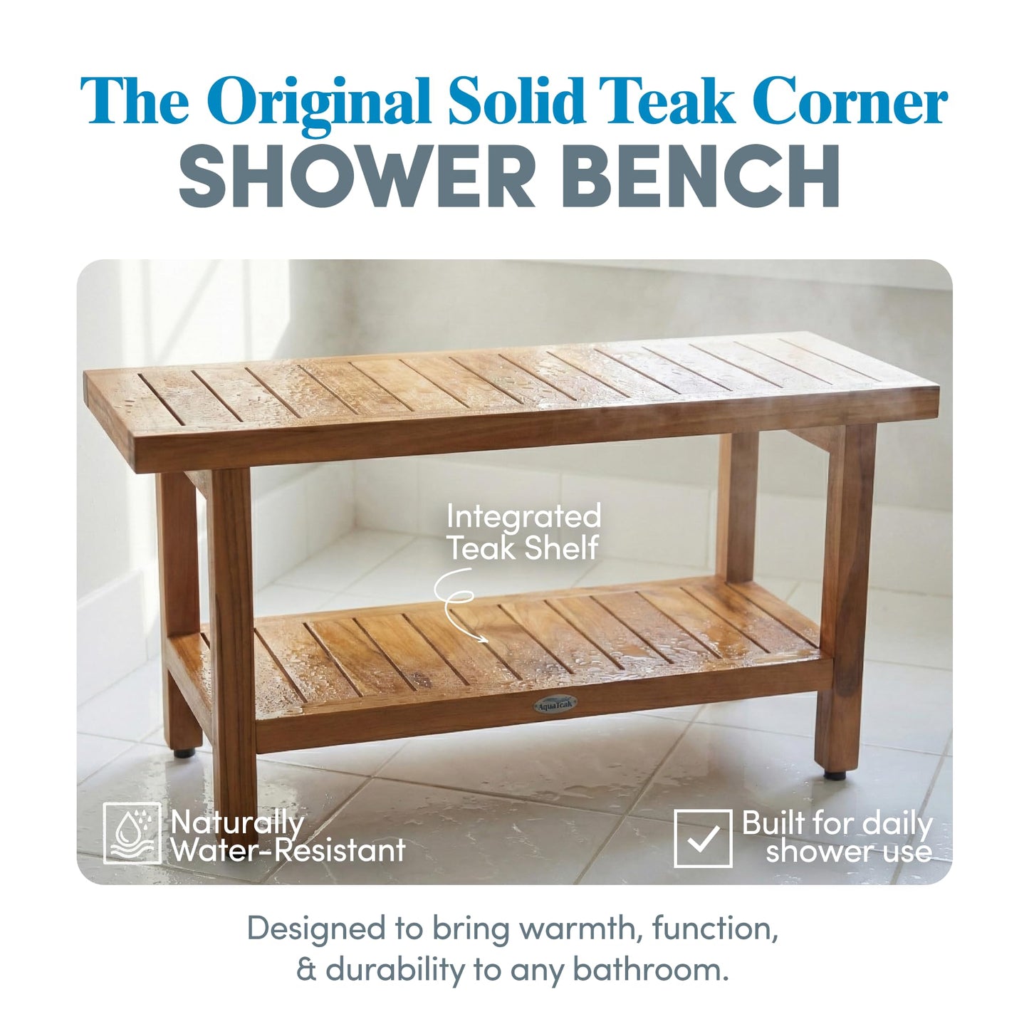 AquaTeak The Original 36" Spa Teak Shower Bench - Shower Stool with Storage Shelf for Bathroom - Durable Water Resistant Shower Chair - Shaving Foot Rest - Indoor & Outdoor Use