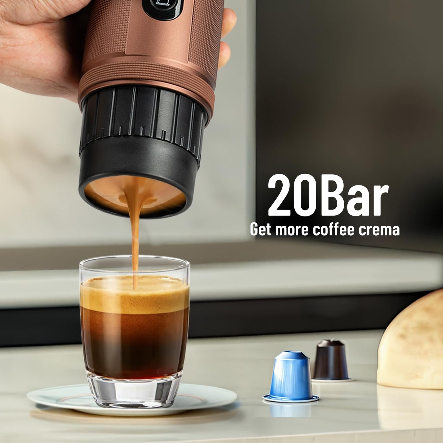 FANSHAIN Portable Coffee Machine: Electric Espresso Machine - Portable Coffee Maker for Travel - Rapid Heating - 8 Cups of Coffee Per Full Charge - Compatible with Nespresso Capsules - Brown