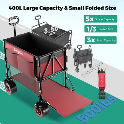 SUNNYFEEL Double Decker Folding Wagon Cart - 500lbs Heavy Duty Collapsible Utility Wagon with All Terrain Big Wheels & Drop Down Tailgate,400L Large Capacity Wagon for Camping,Garden,Sports