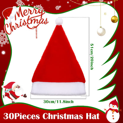 Jadive 30 Pcs Velvet Santa Hats Adult Bulk Thick Xmas Operation Christmas Family Holiday Hats with Comfort Lining New Year Festive (Red)