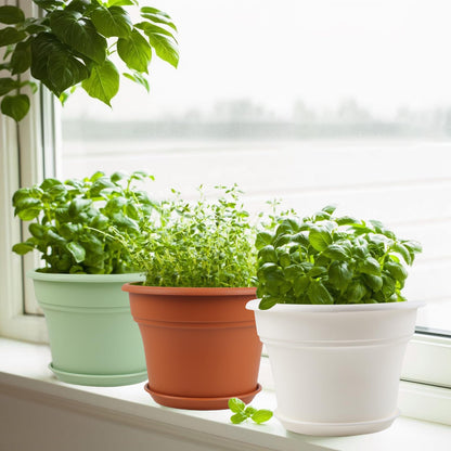 Pottiffe 11 Inch Plastic-Flower-Pot-for-Indoor-Plants, 4 Pack Large Outdoor Planter Pot with Drainage Holes & Saucers, Resin Decorative Garden Pots Planters