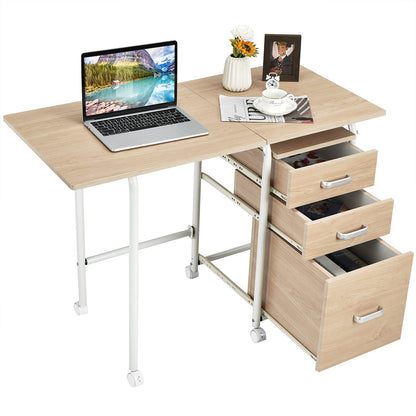 Tangkula Folding Computer Desk with 3 Drawers, Mobile Home Office Desk, Portable Laptop Desk Writing Table, Space Saving Compact Desk for Small Spaces, Dorm, Apartment