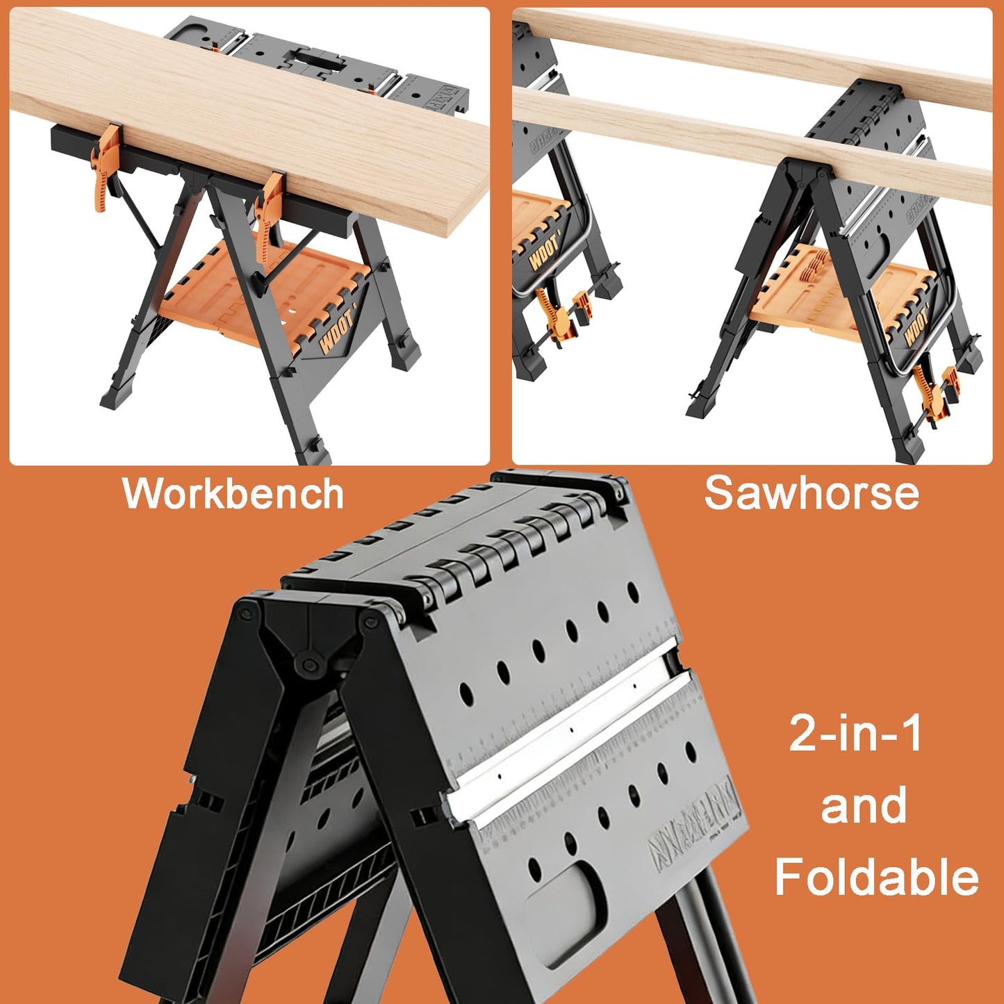 WDOT 2-in-1 Folding Work Bench & Sawhorse, Easy Setup Portable Work Table, 31" W x 25" D x 32" H, Laser-Engraved Scale,Lightweight Worktable with Large Load Capacity, 2 Clamps & 6 Bench Dogs