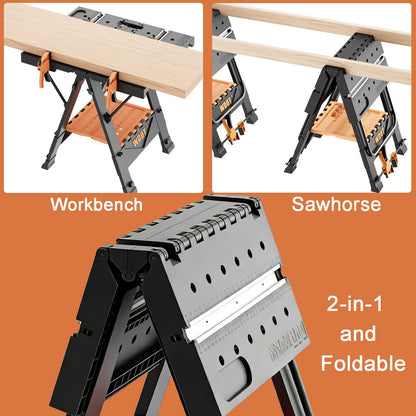 WDOT 2-in-1 Folding Work Bench & Sawhorse, Easy Setup Portable Work Table, 31" W x 25" D x 32" H, Laser-Engraved Scale,Lightweight Worktable with Large Load Capacity, 2 Clamps & 6 Bench Dogs
