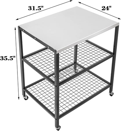 WEASHUME Stainless Steel Outdoor Grill Cart Pizza Oven Stand Trolley Table with Wheels Three-Shelf Movable Food Prep and Work Table Heavy Duty Grill Carts Outdoor Cart 31.5"×24"×35.5"