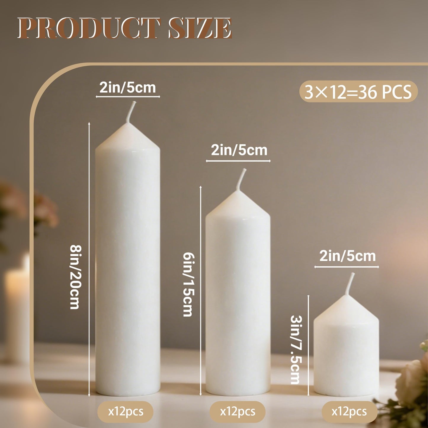 HTTBEIZI Pillar Candles Bulk Set - Unscented, Smokeless, Dripless | 3 Sizes: 2x3, 2x6, 2x8 Inches | Ideal for Weddings, Christmas & Home Decor (36, White)