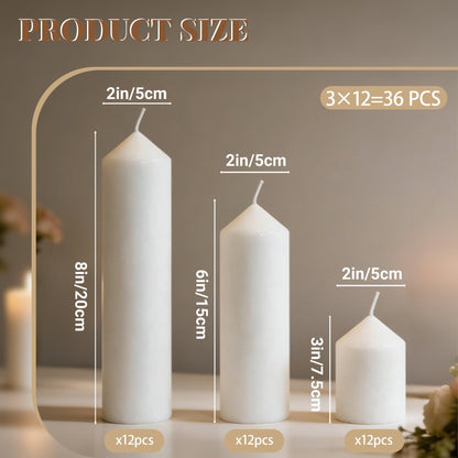 HTTBEIZI Pillar Candles Bulk Set - Unscented, Smokeless, Dripless | 3 Sizes: 2x3, 2x6, 2x8 Inches | Ideal for Weddings, Christmas & Home Decor (36, White)