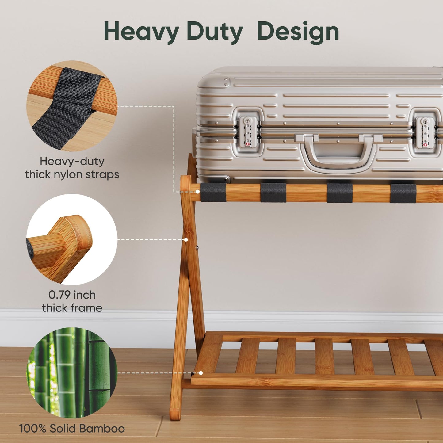 Smart FENDEE Pack of 2 Fully Assembled Bamboo Luggage Racks with Shoe Shelf, 5 Heavy-Duty Straps Folding Suitcase Stand, Luggage Holders for Guest Room Must Haves, Ideal for Bedroom, Hotel, Honey Oak