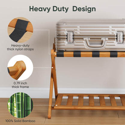 Smart FENDEE Pack of 2 Fully Assembled Bamboo Luggage Racks with Shoe Shelf, 5 Heavy-Duty Straps Folding Suitcase Stand, Luggage Holders for Guest Room Must Haves, Ideal for Bedroom, Hotel, Honey Oak