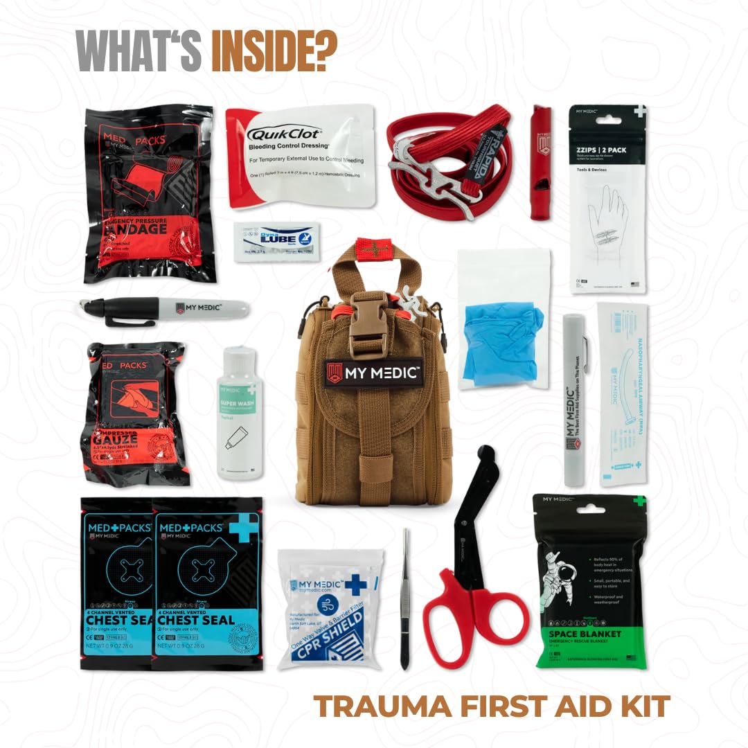 MY MEDIC TFAK Trauma First Aid Kit - Emergency Medical Rescue Gear Bag & Tactical Survival Supplies for Hunting, Hiking, Camping, The Gun Range or Car - Coyote
