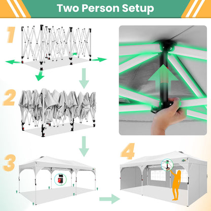 COBIZI 10x20 Pop Up Canopy Tent, Outdoor Party Tent with 4 Sidewalls, 1 Person Easy Set up, Tents for Parties with Fluorescent Strip & 4 Sandbags, Waterproof UPF50+, 3 Adjustable Height, White