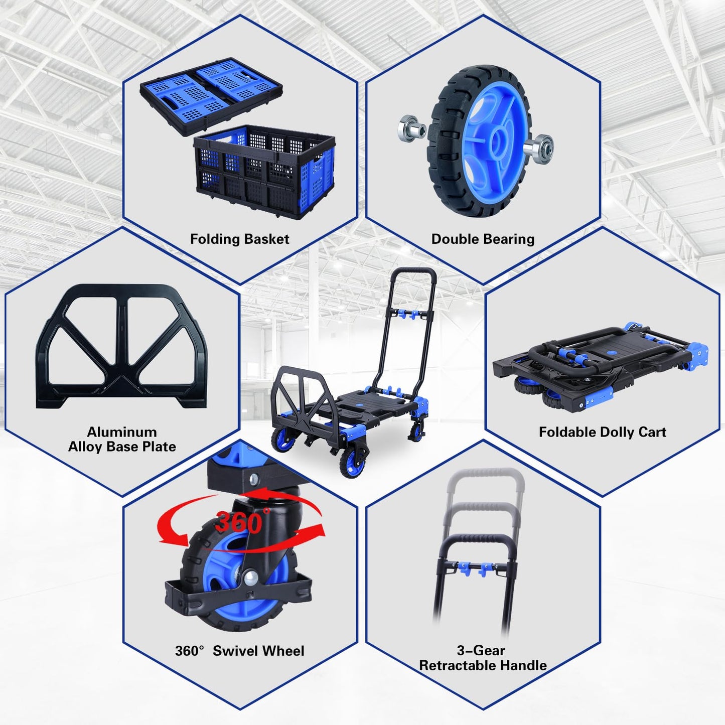 2 in 1 Hand Truck Dolly Foldable with Basket,Hand Truck Foldable with Retractable Handle,330LBS Capacity Folding Hand Cart,Portable Dolly Cart with Wheels for Moving
