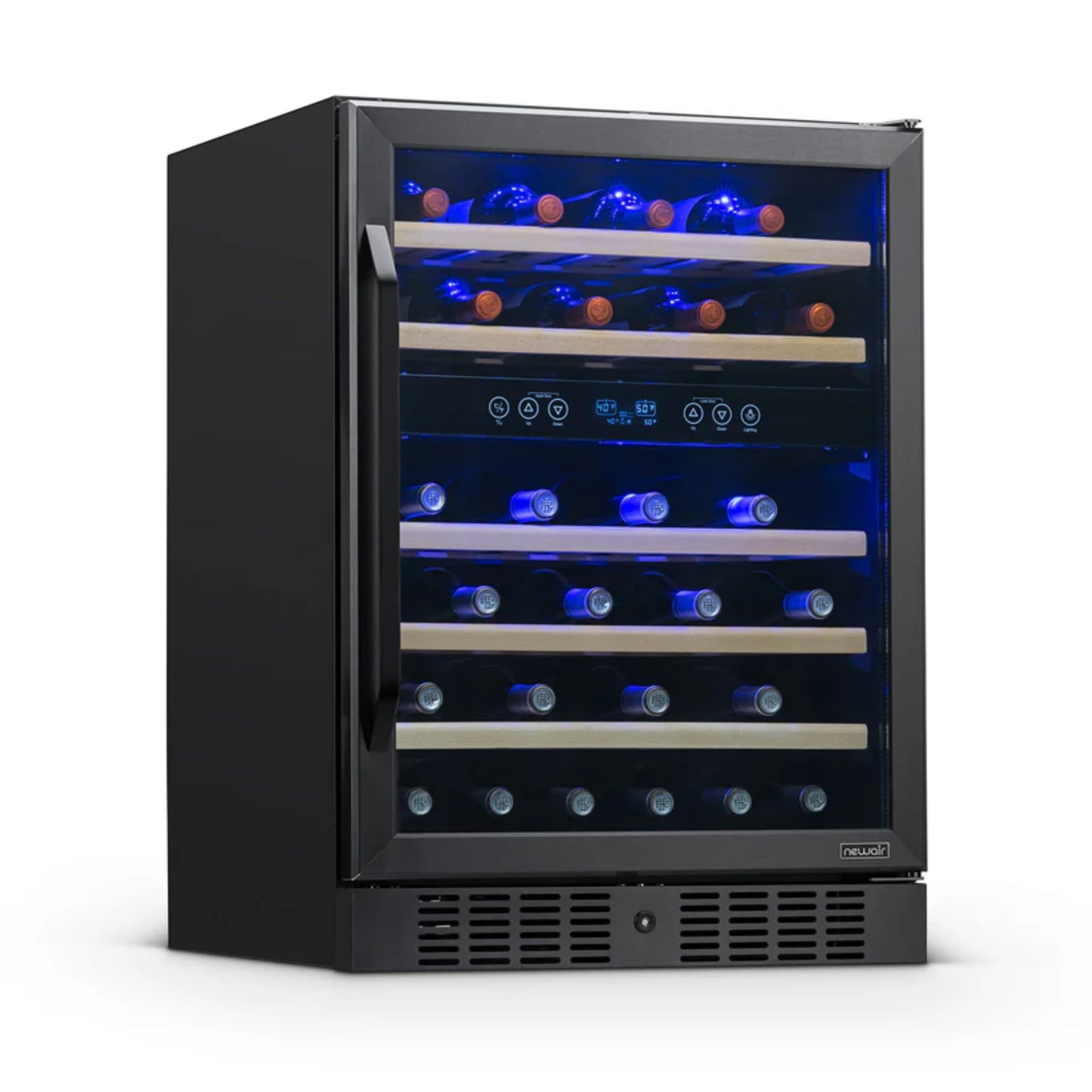 NewAir 24" Dual Zone Wine Fridge for 46 Bottles | Built-In or Freestanding Wine Cooler Refrigerator with Glass Door | Quiet Cooling & Adjustable Shelves for Red and White Wine | Black Stainless Steel