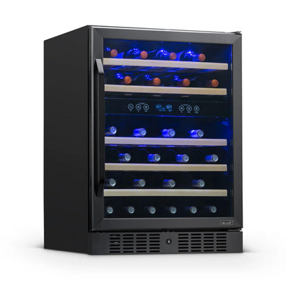 NewAir 24" Dual Zone Wine Fridge for 46 Bottles | Built-In or Freestanding Wine Cooler Refrigerator with Glass Door | Quiet Cooling & Adjustable Shelves for Red and White Wine | Black Stainless Steel