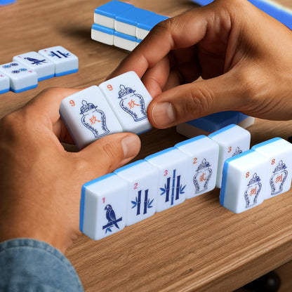 Arrowbash Christmas 160 Pcs Chinoiserie Mahjong Tile Set, 1.2 x 0.8 Inches Melamine Blue Back American Mahjong Only, Travel Ma Jiang Tiles for Adult Classic Board for Family Night