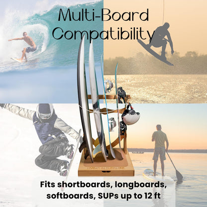 LISS Spirit Rack, Vertical Surfboard Rack Stand Holder for 3 & 4 Boards, Indoor Surf Rack Storage Display for Longboard, Shortboard, Snowboard, Wakeboard, Skateboard Up to 10Ft Long